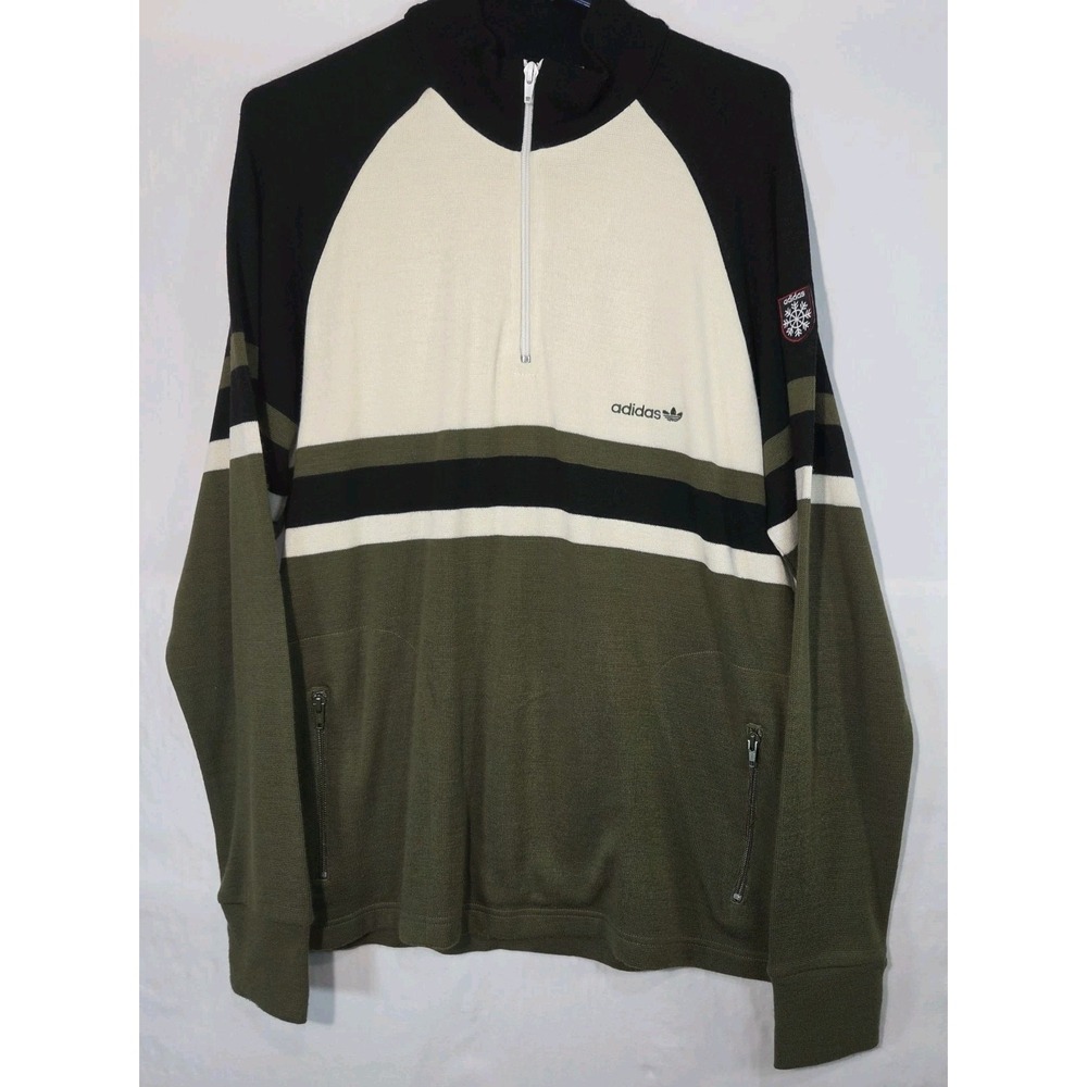 Y2K Adidas Pullover 1/4 Zip Ski Sweater Mens M Green Cream Striped 913491 AKC002